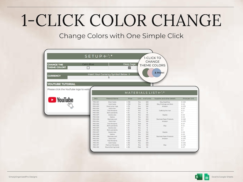 May include: Image shows a computer screen with the text "1-CLICK COLOR CHANGE". The screen displays a setup menu and a materials list. A YouTube logo is visible. The text says "Change Colors with One Simple Click".