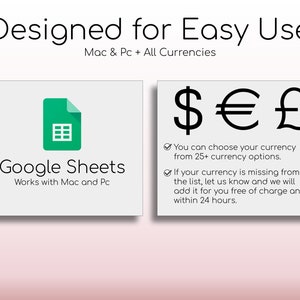 May include: Two white rectangular cards with text and graphics. One card features the Google Sheets logo and text. The other card displays dollar, euro, and pound symbols, with text about currency options.