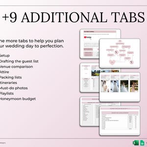 May include: An image featuring the text "+9 ADDITIONAL TABS" and a list of wedding planning topics. The image includes screenshots of spreadsheets and documents related to wedding planning, such as guest lists and itineraries.