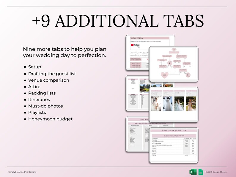 May include: An image featuring the text "+9 ADDITIONAL TABS" and a list of wedding planning topics. The image includes screenshots of spreadsheets and documents related to wedding planning, such as guest lists and itineraries.
