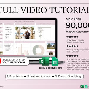 May include: A laptop screen shows a wedding dashboard with charts and photos. Text includes "FULL VIDEO TUTORIAL," "More Than 90,000 Happy Customers!" and "FULL STEP-BY-STEP YOUTUBE TUTORIAL." Excel and Google Sheets icons are also visible.