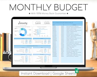 Monthly Budget Spreadsheet | Calming Blues Palette | Simple Annual Budget | Personal Finances Excel | Easy Google Sheets | Financial Planner