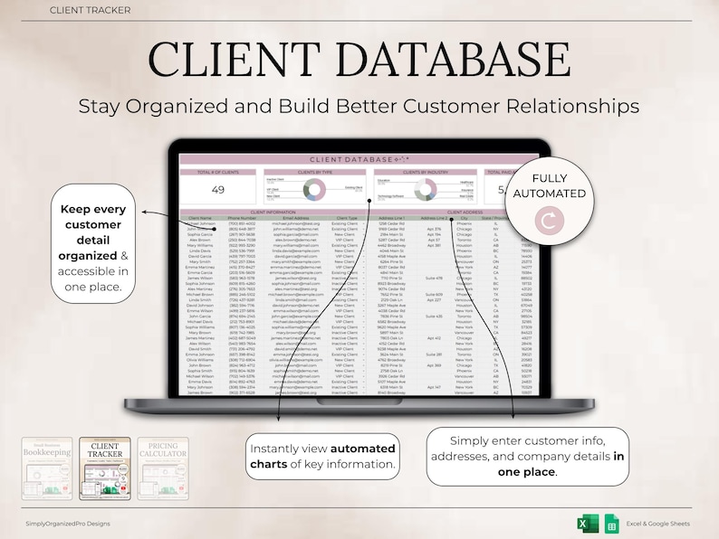 May include: A laptop screen showing a client database titled "CLIENT DATABASE." The screen displays a spreadsheet with customer details, charts, and the text "Stay Organized and Build Better Customer Relationships."