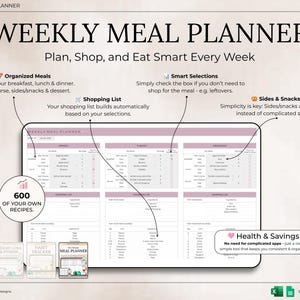 May include: A digital weekly meal planner with a clean, organized layout. The planner includes sections for organized meals, shopping lists, and smart selections. The image also highlights 600 recipes and health and savings features.