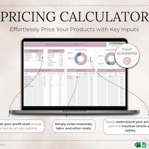 May include: A laptop screen displays a pricing calculator with the title "PRICING CALCULATOR". The screen shows a spreadsheet with various input fields and charts. Text on the screen includes "Decide your profit level", "Simply enter materials", and "Easily understand your pricing".