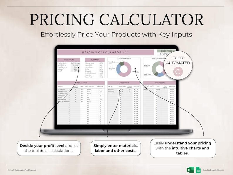 May include: A laptop screen displays a pricing calculator with the title "PRICING CALCULATOR". The screen shows a spreadsheet with various input fields and charts. Text on the screen includes "Decide your profit level", "Simply enter materials", and "Easily understand your pricing".