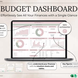 May include: A laptop screen displaying a budget dashboard with charts and tables. The text reads "Budget Dashboard" and "Effortlessly See All Your Finances with a Single Glance." The dashboard includes financial overviews and key figures.