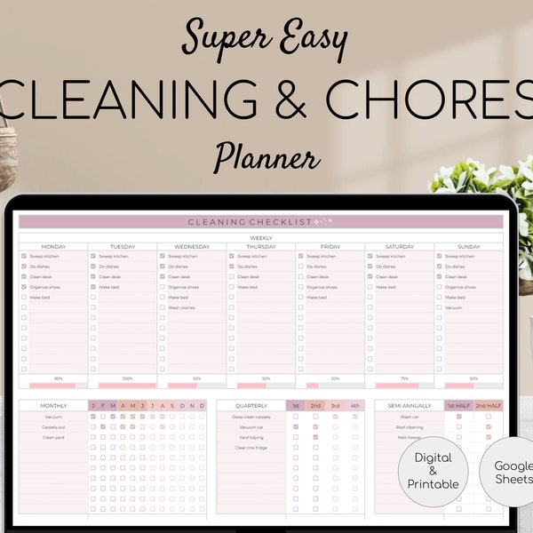 Liste de contrôle pour le nettoyage hebdomadaire | Tableau des tâches mensuelles et annuelles | Planificateur de nettoyage | Liste des tâches ménagères | Modèle Google Sheets | Outil de suivi modifiable