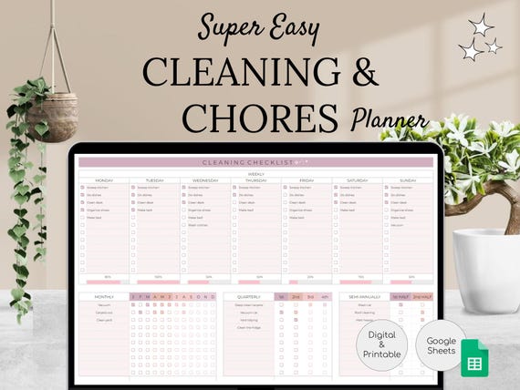 Weekly Cleaning Checklist | Monthly, Yearly Chore Chart | Cleaning Planner | House Chore List | Google Sheets Template | Editable Tracker