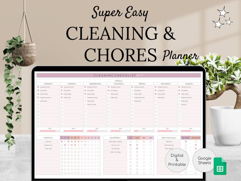 Weekly Cleaning Checklist | Monthly, Yearly Chore Chart | Cleaning Planner | House Chore List | Google Sheets Template | Editable Tracker image 1