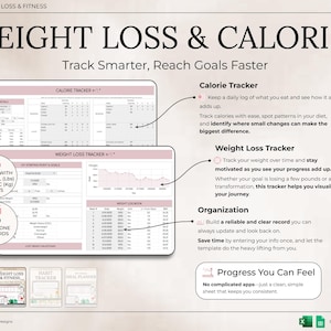 May include: A digital weight loss and calorie tracker with a pink and white design. The image includes a calorie tracker, weight loss tracker, and habit tracker. The text reads "Weight Loss & Calories" and "Track Smarter, Reach Goals Faster."