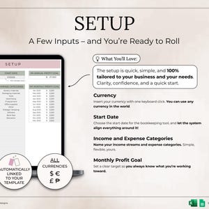 K&ouml;nnte beinhalten: Digitale Tabellenkalkulationsoberfl&auml;che mit dem Wort &bdquo;SETUP&ldquo; oben. Die Oberfl&auml;che enth&auml;lt Abschnitte f&uuml;r W&auml;hrung, Startdatum, Einnahmequellen, Ausgabenkategorien und monatliche Gewinnziele. Text hebt die Funktionen der Vorlage hervor.