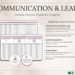 May include: A digital marketing template titled "Communication & Leads" with a light background. The image features two digital spreadsheets with data, charts, and the text "Client Communications Log" and "Leads Database". The text includes "Unlimited Data" and "Automatically Linked to the Dashboard".