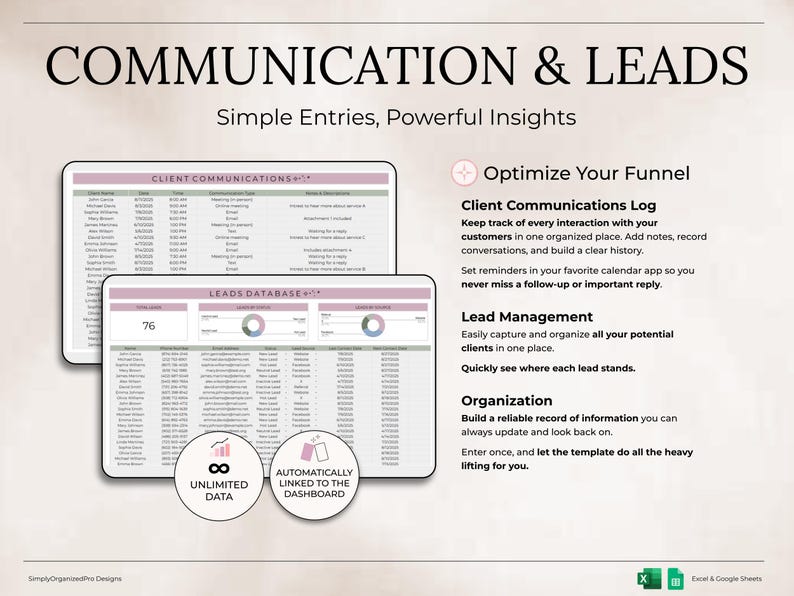May include: A digital marketing template titled "Communication & Leads" with a light background. The image features two digital spreadsheets with data, charts, and the text "Client Communications Log" and "Leads Database". The text includes "Unlimited Data" and "Automatically Linked to the Dashboard".