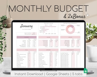 Monthly Budget Spreadsheet | Simple Annual Budget | Personal Finances | Google Sheets | Financial Planner | Habit Tracker | Fitness Tracker