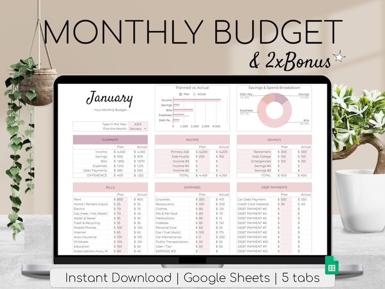 Monthly Budget Spreadsheet Simple Annual Budget Personal Finances Google Sheets Financial Planner Habit Tracker Fitness Tracker image 1