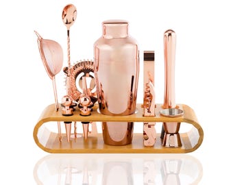 Personalized Cocktail Shaker Set: Stainless Steel Barware with Bamboo Stand