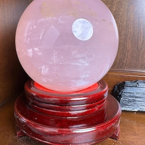 Luminous 8lb Statement Rose Quartz Sphere with Rotating Stand – Madagascar Pink Crystal with Slight Asterism for Love, Peace & Display