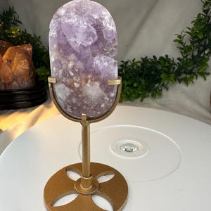 Elegant Pink Amethyst Geode Freeform on Luxe Gold Stand – 4.5” Tall with Long Crystals and Flower-Like Inclusions from Argentina