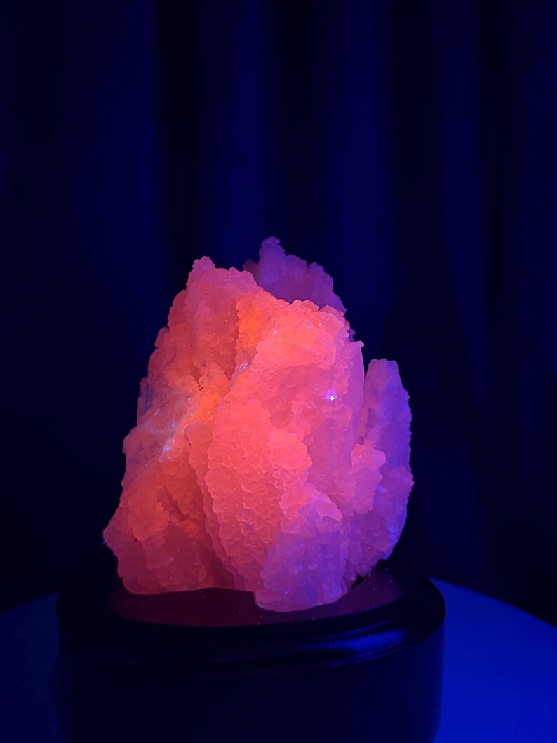 May include: A crystalline mineral specimen exhibiting a vibrant, glowing neon pink fluorescence under ultraviolet light. The cluster features a jagged, irregular surface with numerous small, translucent facets that catch the light, set atop a circular base.