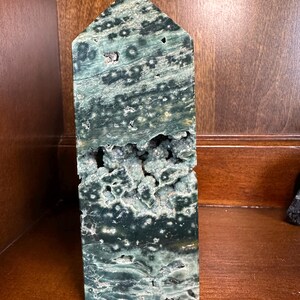 STATEMENT Green Sea Jasper Tower with Stunning Druzy Portal, Yellow Orbs, Crystal Flowers | Collector Orbicular Jasper from Madagascar (C)