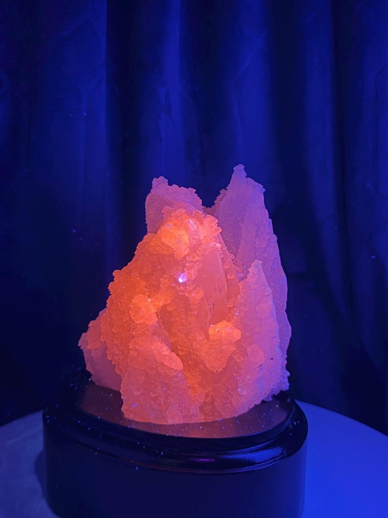 May include: A cluster of crystalline mineral formations emitting a bright, fluorescent orange glow under ultraviolet light. The jagged, translucent structure features numerous small, pointed points and sits atop a smooth, black, oval-shaped base.