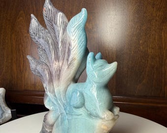 トロレアイト　九尾の狐　カービング　花 Rose Quartz Nine Tailed Fox Crystal Carving, Natural Hand Crafted