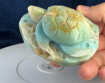 Caribbean Calcite Turtle Carving: Self-Standing Ocean Blue Crystal Decor