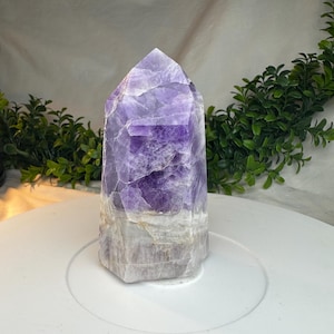 Chevron Dream Amethyst Tower: Polished Crystal Point with Starburst Feathering