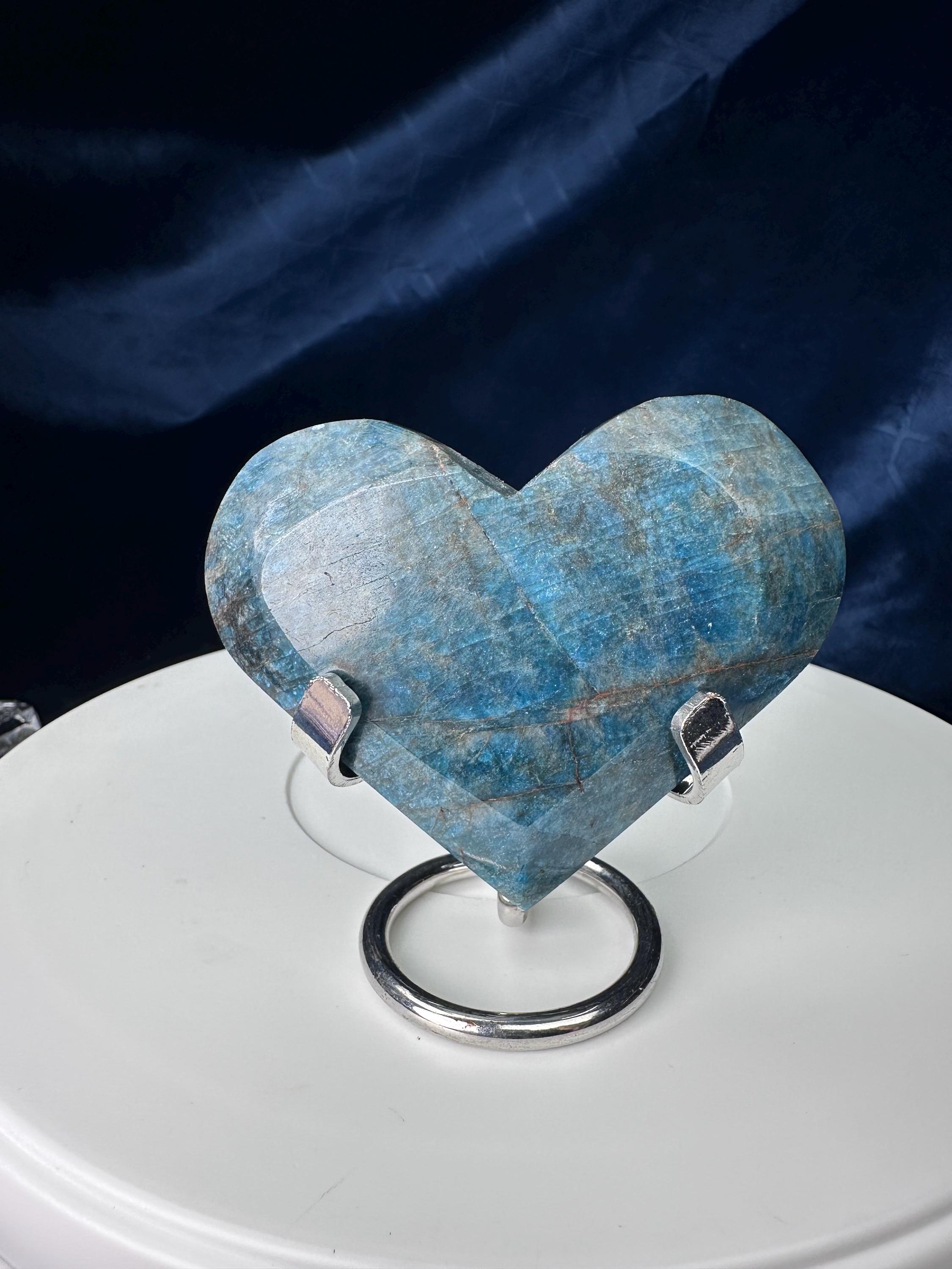 Blue Apatite Heart with Stand: Polished Madagascar Crystal Decor