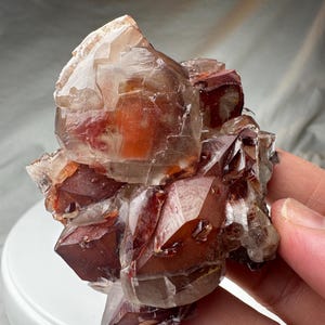Lustrous Red Phantom Calcite Cluster with Hematite Inclusions, Gold Sparkle & Mini Rainbow – 3&quot; Crystal Gift, Collector Specimen from China