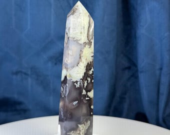 Moody Black Flower Agate Tower with Mint Green Matrix, Quartz Pocket & Smoky Agate | 5.5 Inch Crystal Point