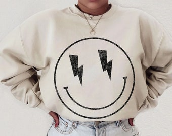 Smile Face Sweater - Vintage Smile Face - Lightning Bolt - Vintage - Unisex Heavy Blend Crewneck Sweatshirt