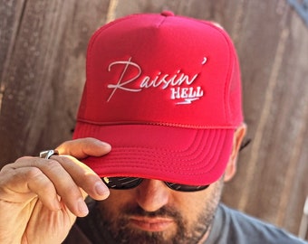 Raisin' Hell Hat - Cowboy Hat - Trucker Hat  - Cowgirl Hat - Western Hat - Country Hat - Lightning Bolts - Vintage - Embroidered Foam