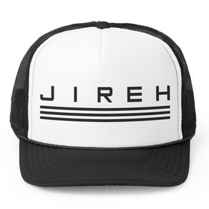 May include: A white trucker hat with a black mesh back. The front of the hat has the word "JIREH" in black letters with three black lines underneath.