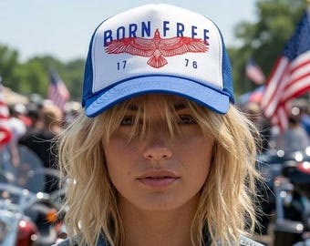 Born Free Trucker Hat, Red White & Blue Foam Front Trucker Hat, 4th of July, Merica, 4th of July Baseball Hat, Retro USA Hat, Eagle 1776 USA