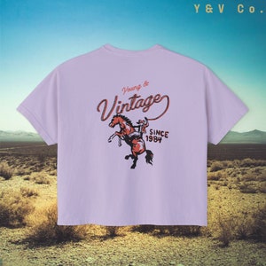 Western Cowgirl Women's Boxy Tee - Vintage Country Western Tee Shirt, Cowboy Tshirt - Oversized Cropped Retro Country Shirt, Festival Tee Orchid