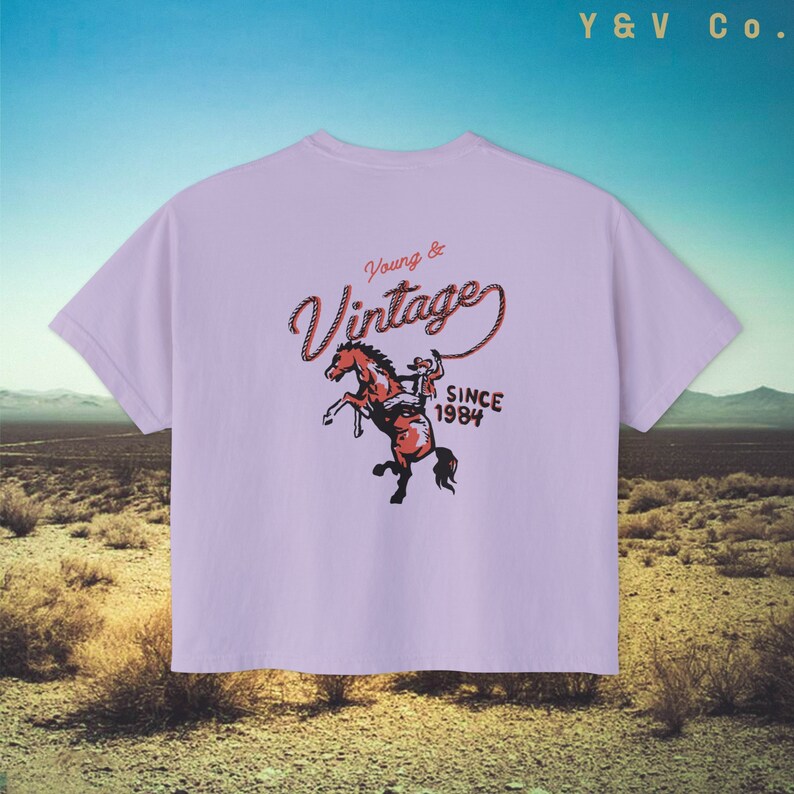 Western Cowgirl Women's Boxy Tee - Vintage Country Western Tee Shirt, Cowboy Tshirt - Oversized Cropped Retro Country Shirt, Festival Tee Orchid