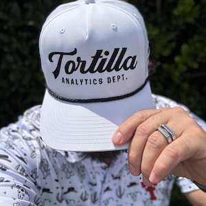 May include: White baseball cap featuring the word "Tortilla" in black script and "Analytics Dept." printed below. The cap has a black rope detail and a curved brim. The person is wearing a patterned shirt.