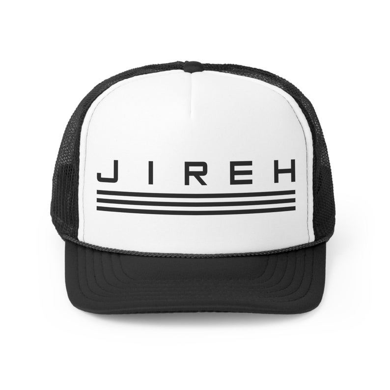 May include: A white trucker hat with a black mesh back. The front of the hat has the word "JIREH" in black letters with three black lines underneath.