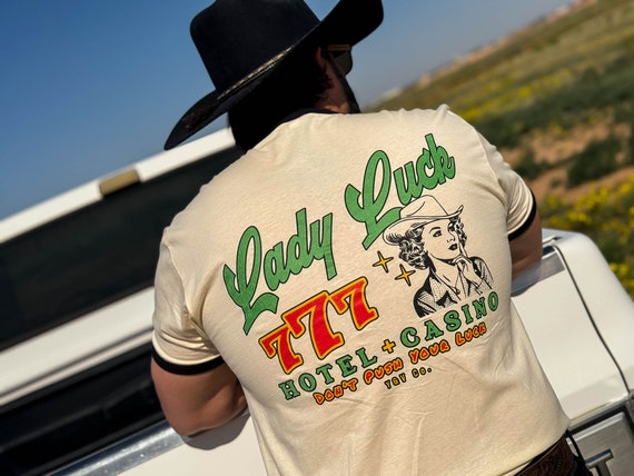 Lady Luck Tee - Retro Cowboy Shirt - Hotel & Casino - Cowgirl Shirt - 777 - Western Shirt - Retro Country - Unisex Cotton Ringer T-Shirt