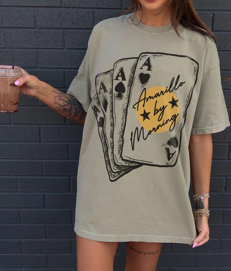 Sunrise Western Lyrics Unisex Garment-Dyed T-shirt, Aces Cards Tee, Amarilllo By Morning Shirt, Country Music Lover Gift, Vintage Style Top Khaki