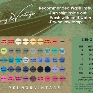 May include: Image featuring a color chart and sizing information for unisex garment-dyed comfort color t-shirts. The chart displays various colors like white, melon, and terra cotta. Washing instructions are also provided.