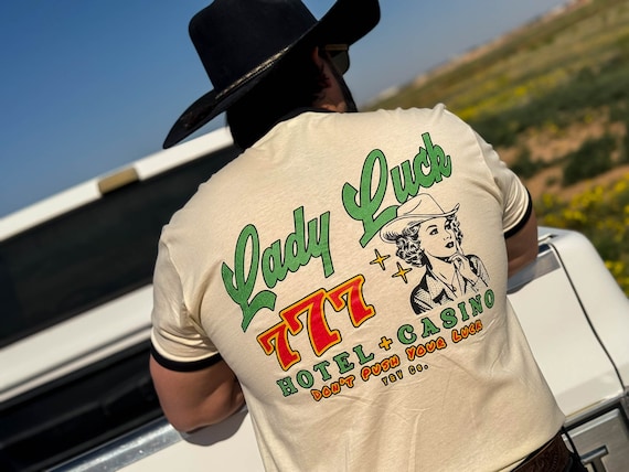 Lady Luck Tee - Retro Cowboy Shirt - Hotel & Casino - Cowgirl Shirt - 777 - Western Shirt - Retro Country - Unisex Cotton Ringer T-Shirt