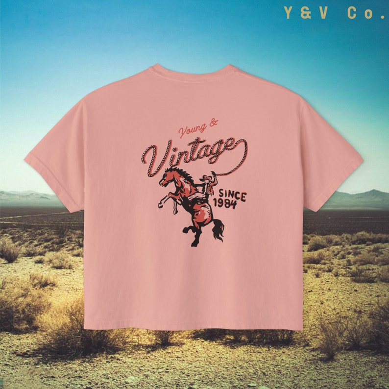 Western Cowgirl Women's Boxy Tee - Vintage Country Western Tee Shirt, Cowboy Tshirt - Oversized Cropped Retro Country Shirt, Festival Tee Peachy