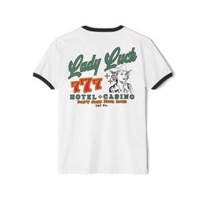 Camiseta Lady Luck - Camisa vaquera retro - Hotel y casino - Camisa vaquera - 777 - Camisa western - Estilo country retro - Camiseta unisex de algodón con ribete White/Black