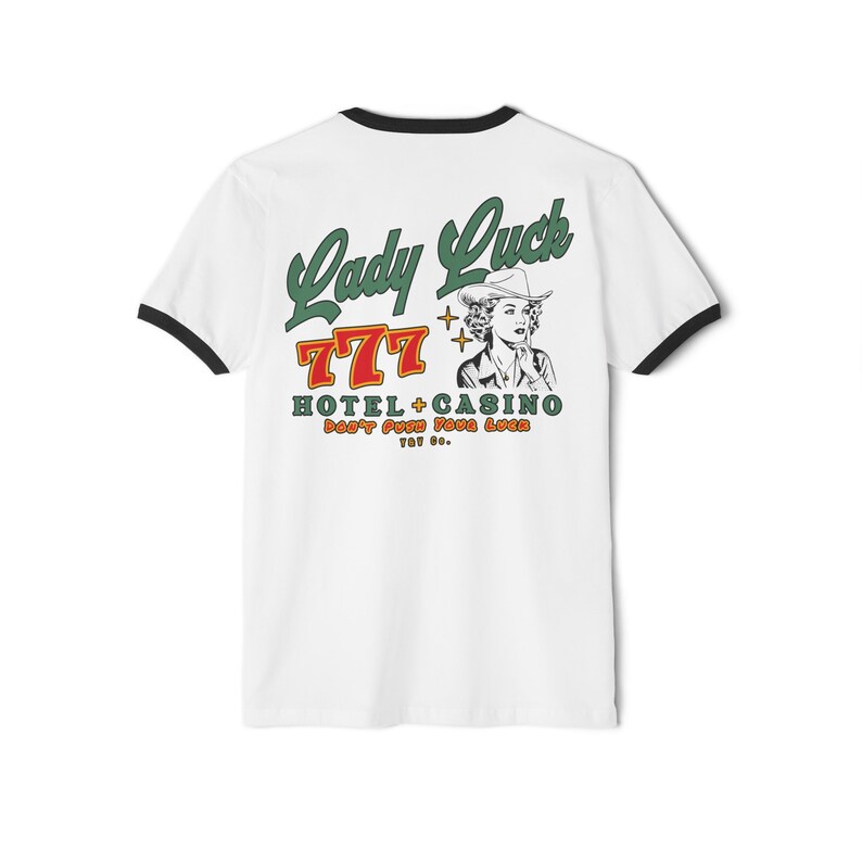 Camiseta Lady Luck - Camisa vaquera retro - Hotel y casino - Camisa vaquera - 777 - Camisa western - Estilo country retro - Camiseta unisex de algodón con ribete White/Black