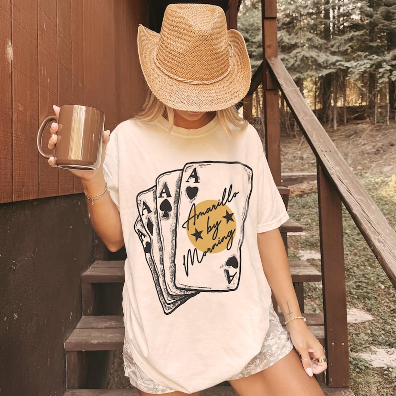Sunrise Western Lyrics Unisex Garment-Dyed T-shirt, Aces Cards Tee, Amarilllo By Morning Shirt, Country Music Lover Gift, Vintage Style Top Ivory