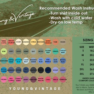 May include: A sizing chart for unisex t-shirts with a colour chart of 48 different colours. The chart includes the text "Young & Vintage" and instructions for washing the shirts. The t-shirts are garment-dyed and come in sizes S-3XL.