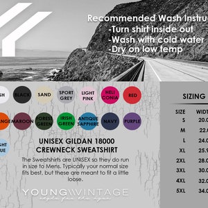 May include: Unisex Gildan 18000 crewneck sweatshirt sizing chart with measurements in inches. The chart shows the width and length of the sweatshirt in sizes S through 5XL. The image also includes a color chart with 18 different color options for the sweatshirt.